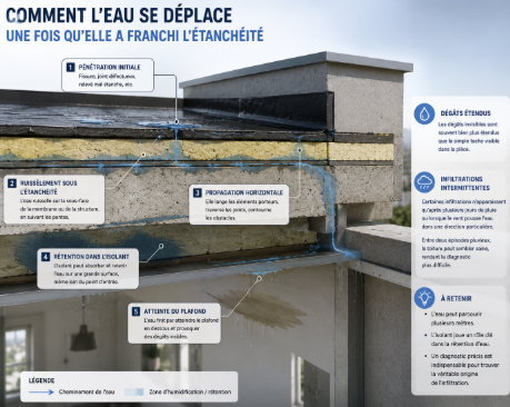 Coupe technique d'une toiture-terrasse illustrant le parcours d'une infiltration d'eau après la rupture de l'étanchéité, avec propagation horizontale dans l'isolant, la structure porteuse et apparition de dégâts au plafond.