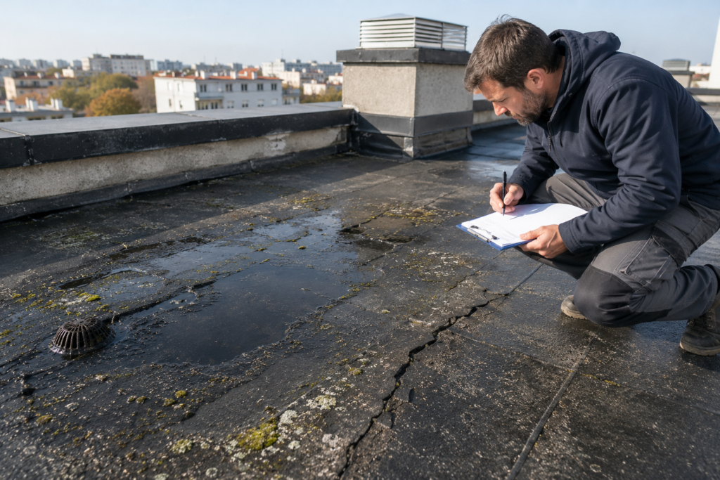 Diagnostic d'un toit-terrasse à Lyon dégradé réalisé par un professionnel, montrant une membrane d'étanchéité vieillissante avec fissures, mousses, flaques d'eau stagnante et évacuation à contrôler avant réfection.