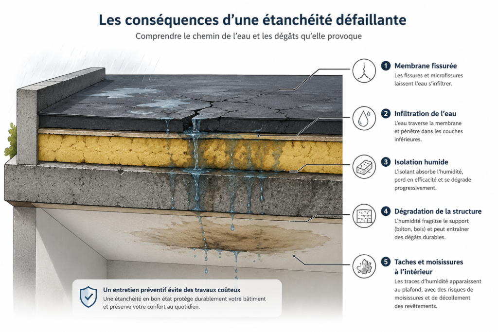 Schéma des signes d'infiltration sur une toiture-terrasse : membrane fissurée, isolant humide, tache au plafond