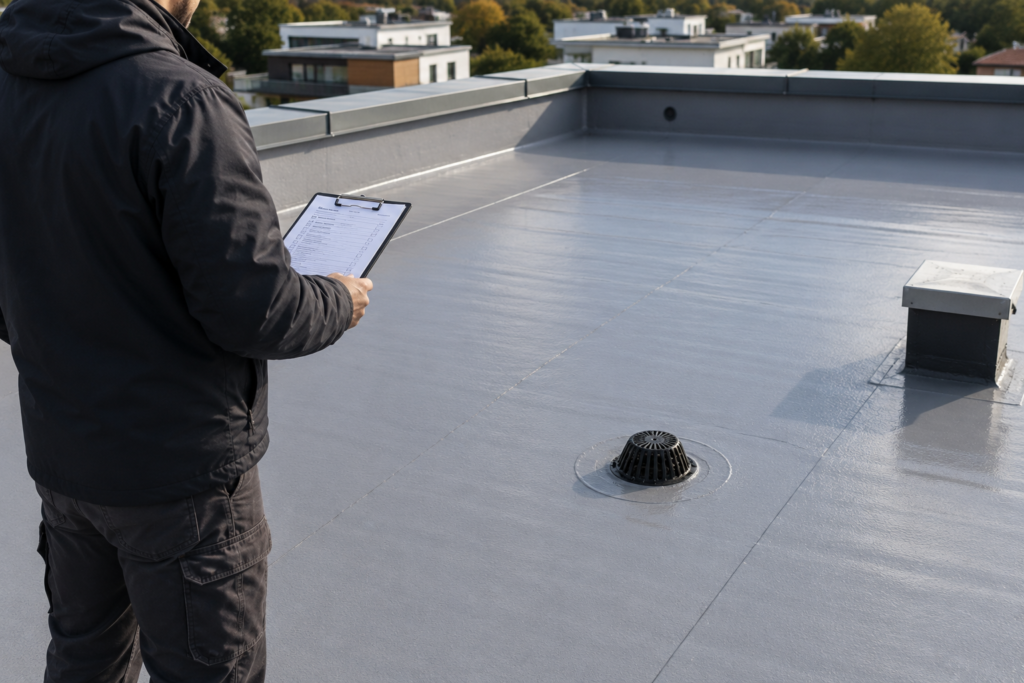 Contrôle d'entretien préventif d'une toiture-terrasse dans un secteur résidentiel dans le 3ème arrondissement de Lyon par un professionnel, avec inspection visuelle de la membrane d'étanchéité, des relevés, des évacuations d'eaux pluviales et des points singuliers sur une toiture rénovée il y a 5 ans.