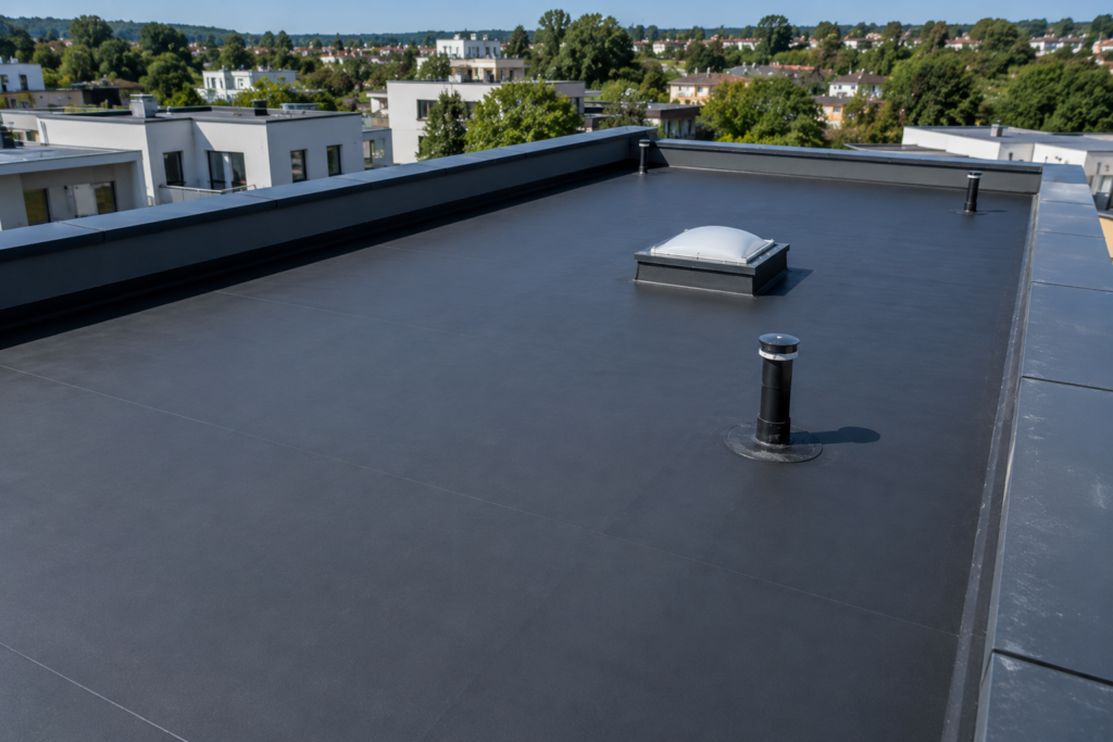 Toiture-terrasse d'un immeuble résidentiel récemment construit proche de Lyon équipée d'une membrane d'étanchéité EPDM neuve, offrant une surface uniforme, des relevés parfaitement réalisés et des équipements de toiture intégrés dans un environnement résidentiel moderne.