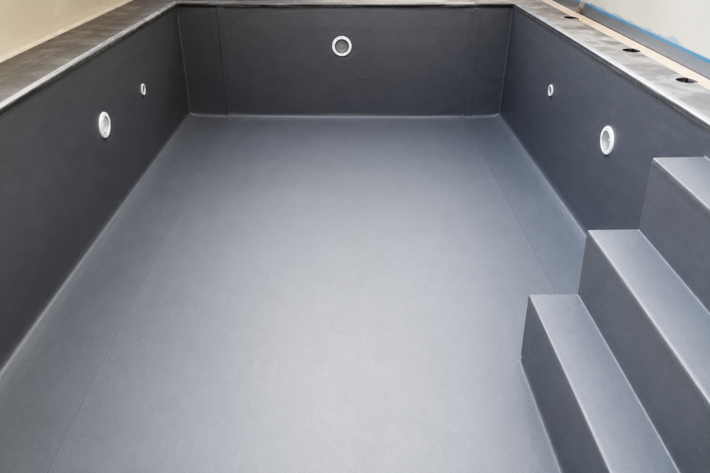 Piscine vide à Lyon équipée d'une membrane d'étanchéité en liner PVC gris, avec revêtement neuf, marches intégrées et finitions soignées avant la mise en eau.