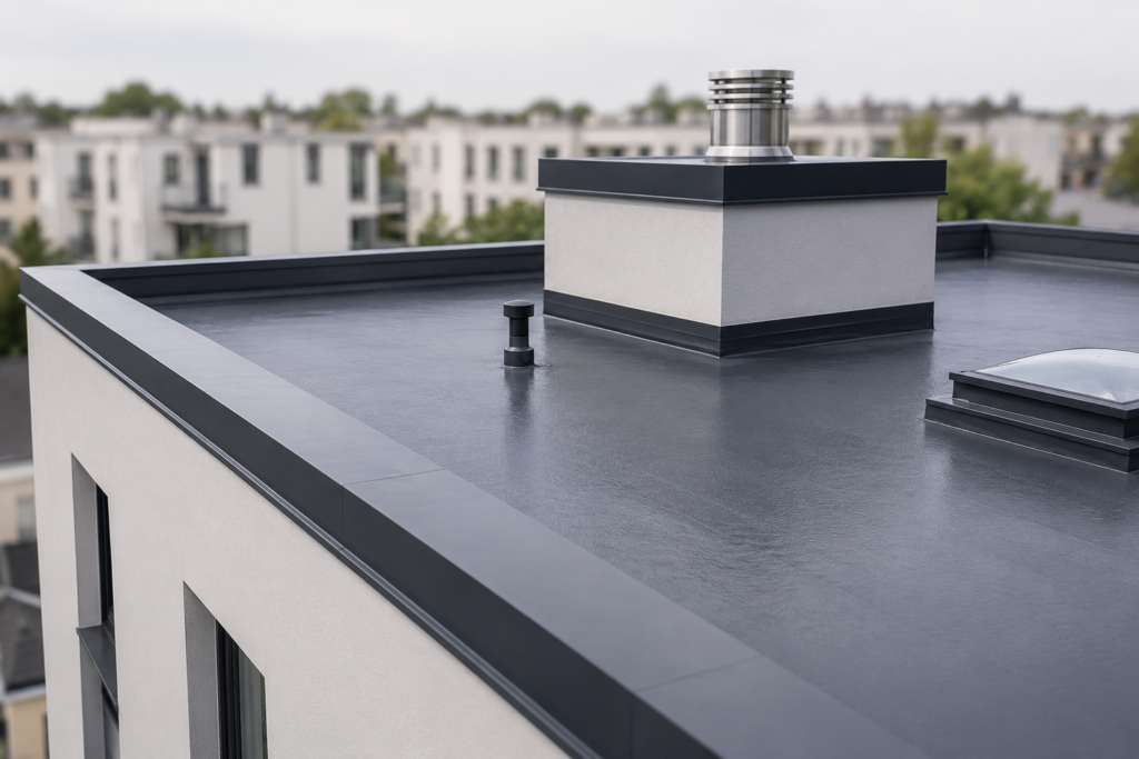 Toiture-terrasse récemment rénovée sur un immeuble résidentiel à Saint-Priest, avec membrane d'étanchéité neuve, relevés périphériques, acrotères et équipements techniques.