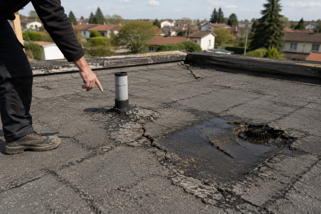 Étanchéité de toiture-terrasse âgée de plus de 30 ans à Décines-Charpieu, présentant une membrane bitumineuse fortement vieillissante avec fissures, zones d'usure, eau stagnante et évacuation des eaux pluviales à rénover.
