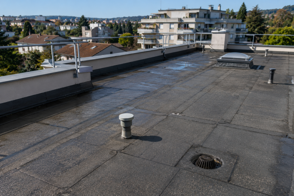 Toiture-terrasse d'un immeuble résidentiel à Écully présentant une membrane d'étanchéité bitumineuse vieillissante mais encore fonctionnelle, avec usure modérée, relevés d'étanchéité et évacuations des eaux pluviales à contrôler avant rénovation.