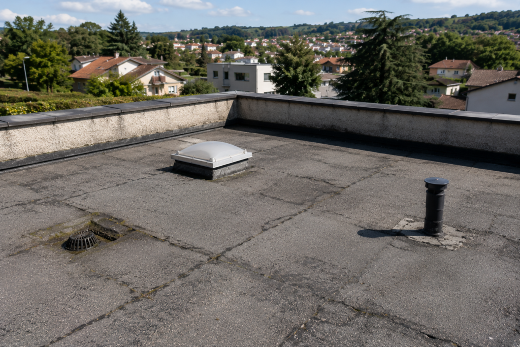 Toiture-terrasse d'une maison d'environ 30 ans dans un quartier résidentiel de Givors, présentant une membrane d'étanchéité bitumineuse vieillissante avec une usure modérée, des relevés périphériques, un avaloir d'eaux pluviales et des équipements de toiture à inspecter avant rénovation.