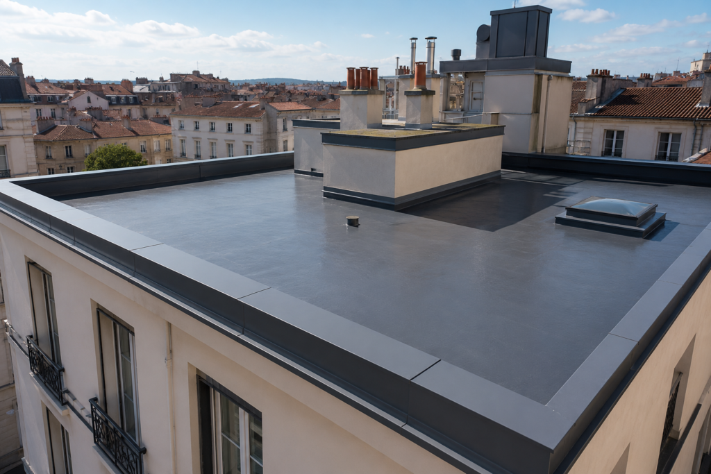 Toiture-terrasse rénovée sur un immeuble résidentiel à Rillieux-la-Pape, avec membrane d'étanchéité neuve, relevés périphériques, finitions soignées et équipements techniques intégrés.