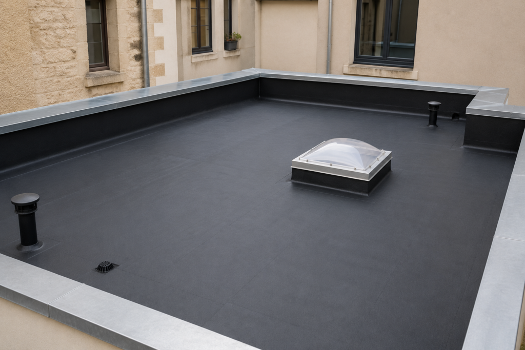 Étanchéité de toiture-terrasse rénovée sur un immeuble à Oullins-Pierre-Bénite, avec membrane neuve, relevés d'étanchéité et évacuation des eaux pluviales conformes