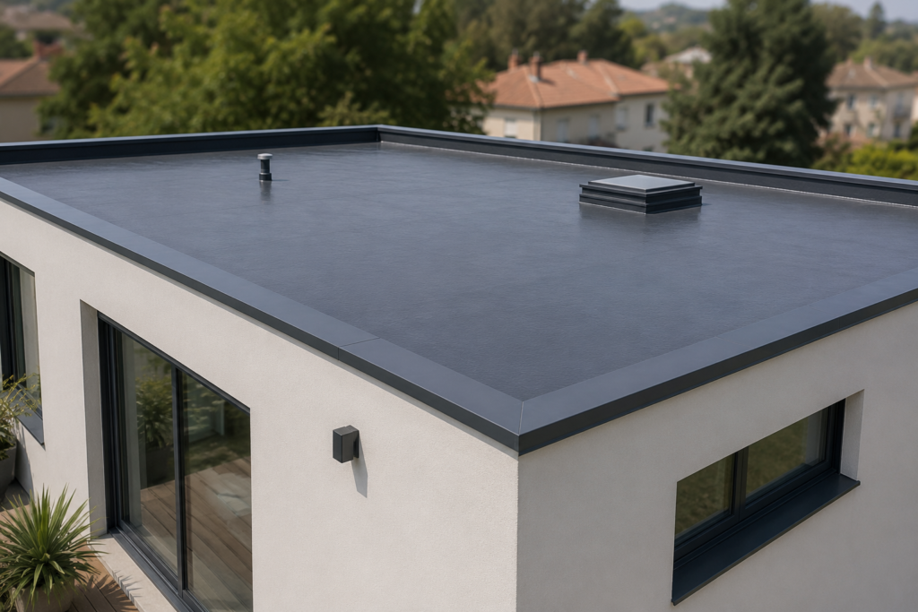 Maison contemporaine avec toiture-terrasse à Sainte-Foy-lès-Lyon, équipée d'une membrane d'étanchéité neuve, de relevés périphériques et d'équipements de toiture, dans un environnement résidentiel discrètement flouté.