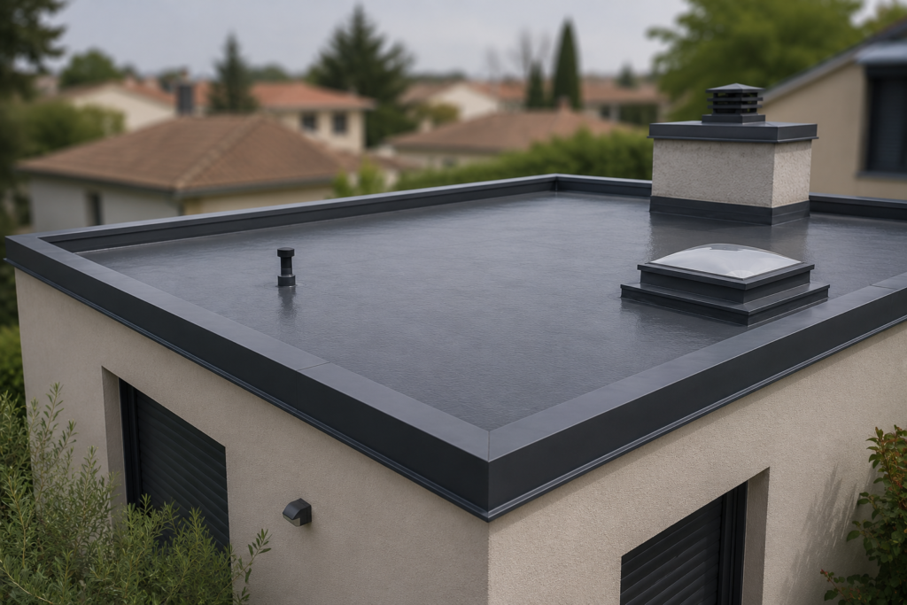 Maison d'environ 20 ans avec toiture-terrasse à Tassin-la-Demi-Lune, équipée d'une membrane d'étanchéité en bon état, de relevés périphériques, d'un lanterneau et d'équipements techniques, dans un environnement résidentiel discrètement flouté.