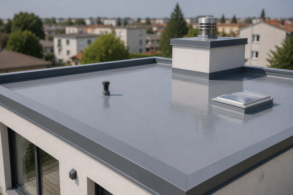 Toiture-terrasse rénovée avec résine liquide d'étanchéité sur une maison à Vénissieux, membrane parfaitement uniforme, relevés d'étanchéité soignés, lanterneau et sortie de ventilation, dans un environnement résidentiel discret.