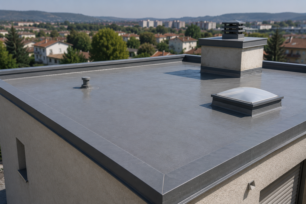 Toiture-terrasse rénovée avec une membrane d'étanchéité en résine liquide sur un bâtiment à Vienne, relevés périphériques, lanterneau et sorties techniques conformes, sans aménagement, dans un environnement urbain discret.