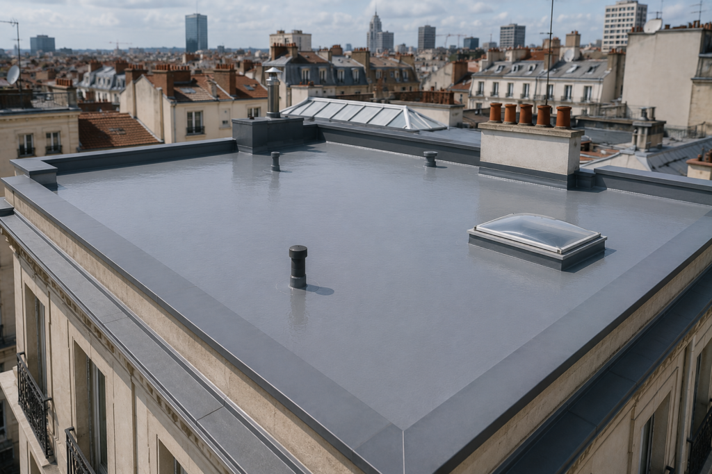 Toiture-terrasse d'un immeuble ancien rénové au centre de Villeurbanne, avec membrane d'étanchéité neuve, relevés périphériques, lanterneau et sorties techniques conformes, dominant un paysage urbain dense.