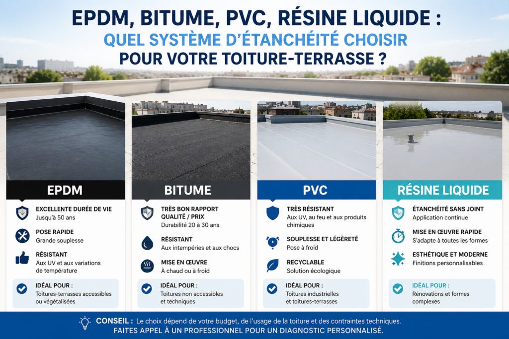 Comparatif des principaux systèmes d'étanchéité pour toiture-terrasse : membrane EPDM, bitume, PVC et résine liquide, illustrant les différentes solutions selon le type de bâtiment, le budget et les contraintes techniques.