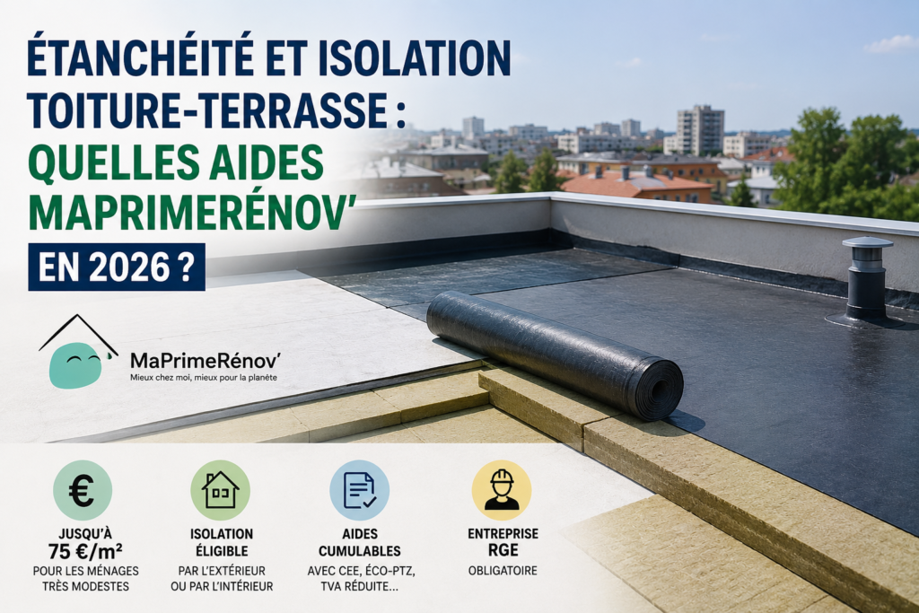 Isolation thermique et étanchéité d'une toiture-terrasse avec pose d'un isolant sous une nouvelle membrane d'étanchéité, illustrant les travaux éligibles aux aides MaPrimeRénov' 2026 pour la rénovation énergétique.