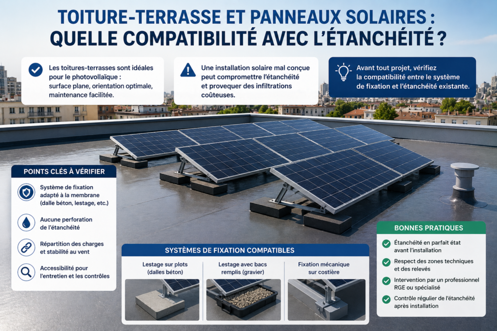 Installation de panneaux solaires sur une toiture-terrasse étanchée avec membrane d'étanchéité, illustrant la compatibilité entre système photovoltaïque, fixation sans perforation et préservation de l'étanchéité du toit.