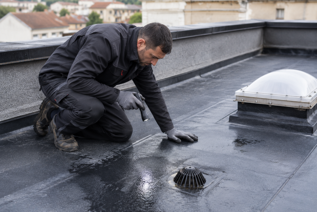 Professionnel spécialisé en étanchéité de toiture-terrasse réalisant une recherche de fuite sur une membrane bitumineuse à Lyon, avec inspection des points singuliers et de l'évacuation des eaux pluviales.